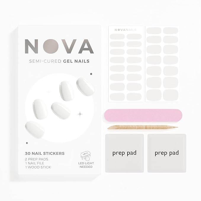 NOVA, Semi Cured Gel Nail Strips (Cloud 9) - The 10 Minute Manicure. Salon-Quality, Female Founded, Works with Any Lamp, Easy to Apply & Remove - Incl. File & Wooden Stick