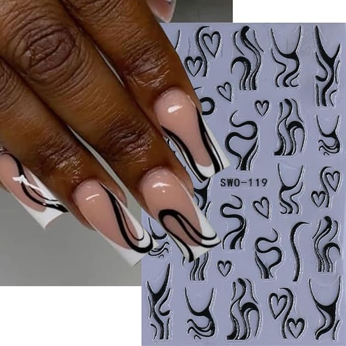 Line Nail Stickers 3D Self Adhesive Nail Art Stickers French Nail Decals Irregular Lines Black White Heart Design Cute Nails Sticker for Nails Art for Women Decoration Salon Manicure Supplies