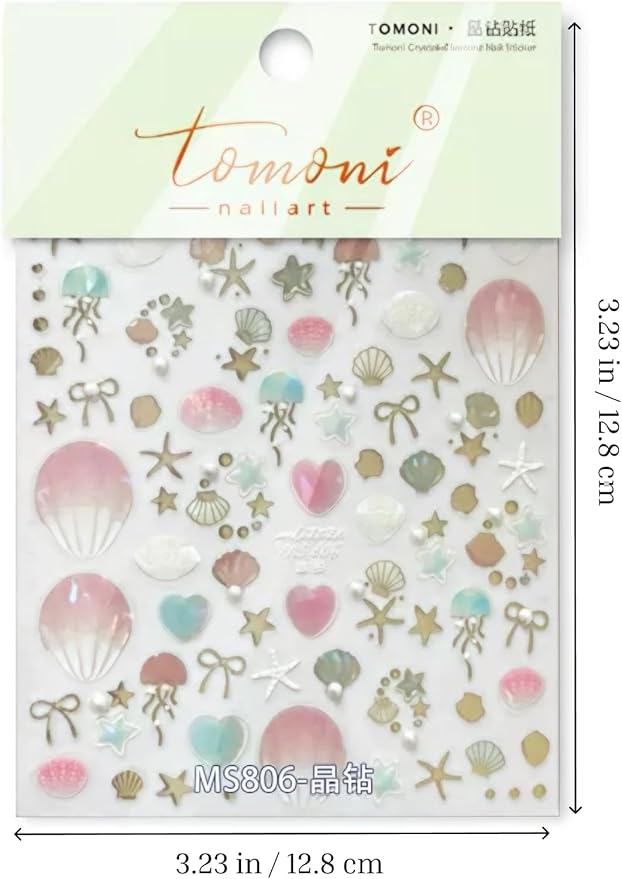 Golden Beach Seashell Nail Stickers 5D Embossed – Premium Salon-Quality Nail Charm Accessories, Easy Application & Self-Adhesive Summer Sticker for DIY Manicure, Nail Art, Press on, Home or Salon Use