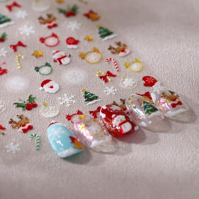 Christmas Nail Sticker 5D Embossed Santa Snowman Reindeer Xmas Tree Nail Art Sticker Self Adhesive Nail Decals Snowflake Nail Art Decals for Women Girls Winter Holiday Manicure DIY Nails Supplies