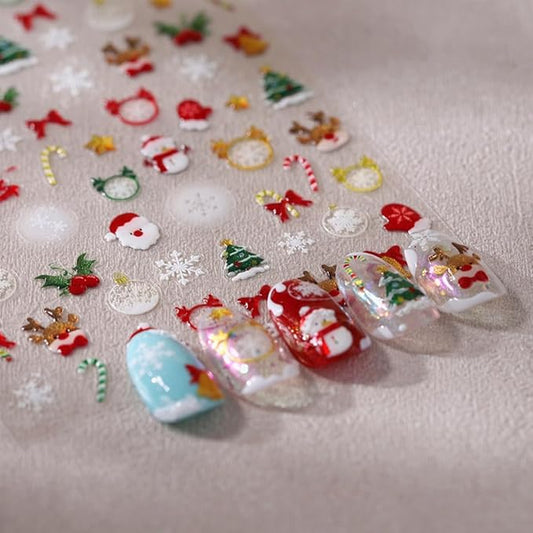 Christmas Nail Sticker 5D Embossed Santa Snowman Reindeer Xmas Tree Nail Art Sticker Self Adhesive Nail Decals Snowflake Nail Art Decals for Women Girls Winter Holiday Manicure DIY Nails Supplies