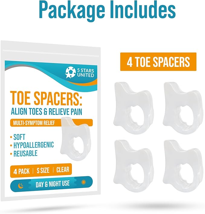 5 STARS UNITED Pinky Toe Spacers for Men & Women – 4 Gel Separators for Overlapping & Curled Little Toes, Bunions, Alignment - Diabetic Foot Care, Silicone Spreader, Corrector & Straightener, Clear