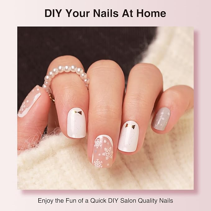 Semi Cured Gel Nail Strips, Christmas 20 PCS Nail Stickers Work with UV Light, Salon Quality & Easy to Use - Snowy Glow