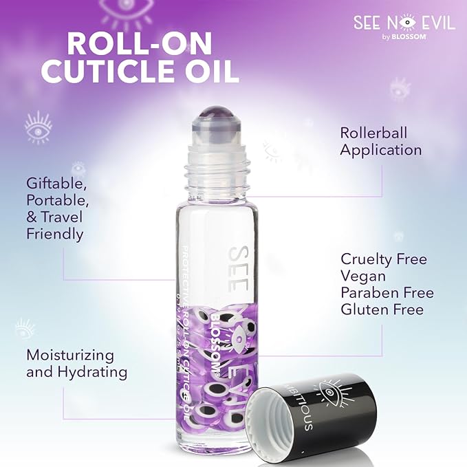 Blossom Cuticle Oil, See No Evil Scented Roll on Cuticle Oil for Nails, Rollerball Application for Nail Support, Cruelty Free, 0.19oz, Ambitious Lavender
