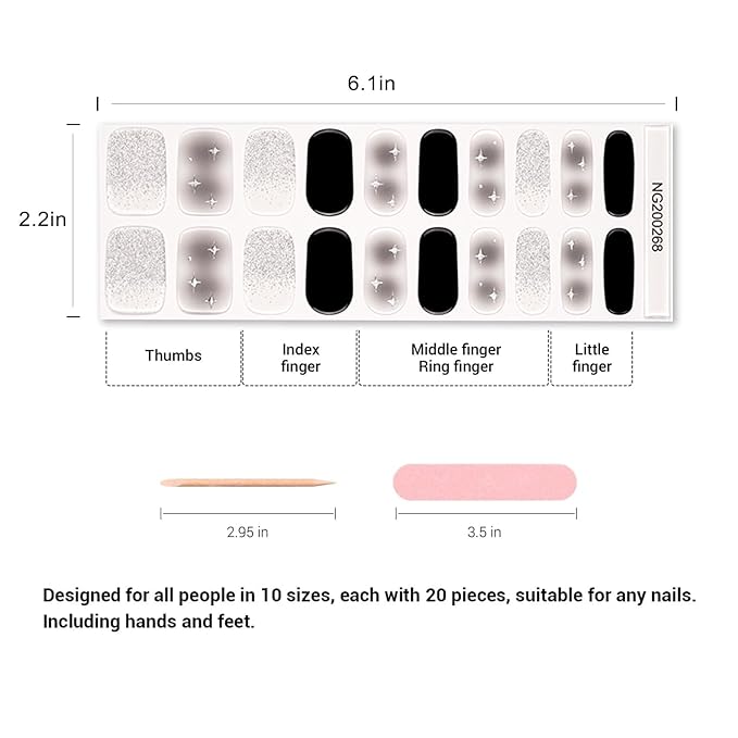 20pcs Semi Cured Gel Nail Strips, Real Nail Polish Art Stickers, Dark Star Gel Nail Stickers - Work with Any UV Lamp, Long Lasting Full Wraps with Nails File and Stick