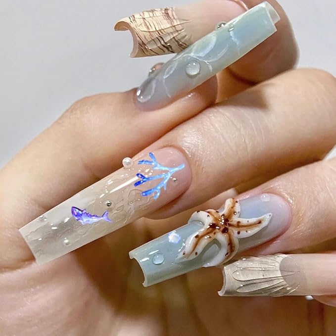 Summer Ocean Theme Nail Art Stickers, 5D Self-Adhesive Fish and Coral Decals, 2 Sheets, Embossed Designs for Beach Vacation Nail Decoration