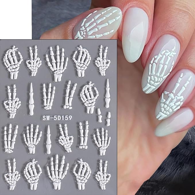 2 Sheets Halloween White Skeleton Bones Nail Art Stickers 5D Embossed Finger Skull Nail Stickers Design Self-Adhesive Skeleton Fingers Nail Decals for Women DIY Halloween Party Nails Decorations