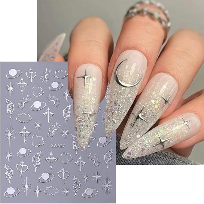 6 Sheets Star Nail Stickers for Nail Art, 3D Self-Adhesive Nail Decals, Moon Butterfly Nail Supplies Nail Art Design Accessories for Women Girls Manicure DIY Decoration