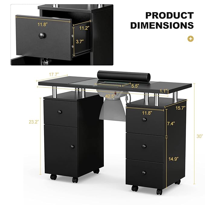 Paddie Manicure Table, Glass Top Nail Makeup Desk Table Station for Tech w/Electric Downdraft Vent, Wrist Cushion, Lockable Wheels, Storage Drawers, Wooden Handles (Black)