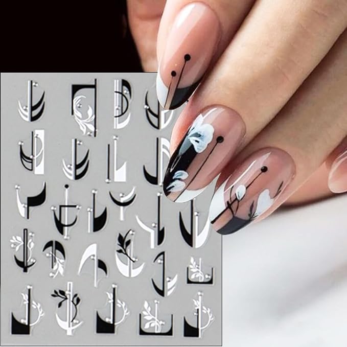 6Pcs French Tip Nail Stickers 3D Self Adhesive Black White French Nail Decals French Butterfly Flower Line Nail Design Stickers Irregular Geometry Pattern Curve Lines Tip Nail Decoration for Women
