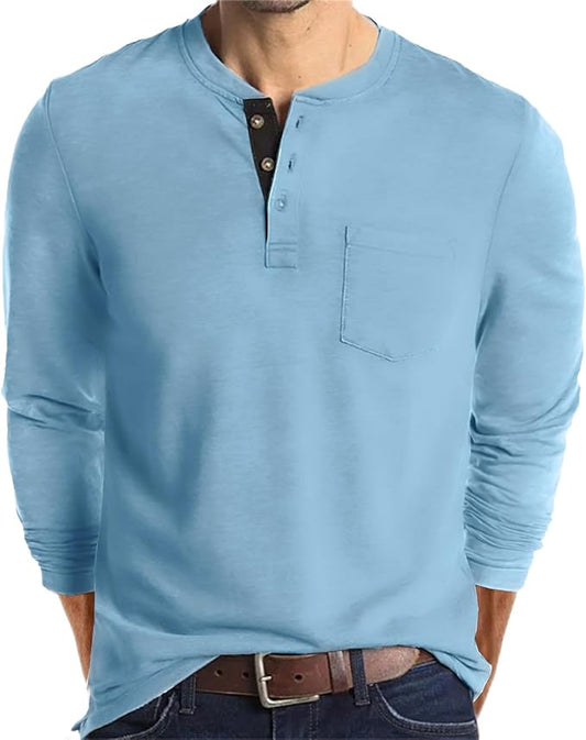 Lexiart Mens Fashion Henley Shirts Long Sleeve Button Cotton T-Shirt with Pocket