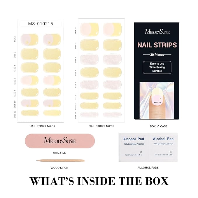 MelodySusie 30PCS Semi Cured Gel Nail Strips (Creamy Yellow French Tips), Salon Quality, Long Lasting, Easy to Apply and Remove, Includes 2 Prep Pads, Nail File and Wooden Stick