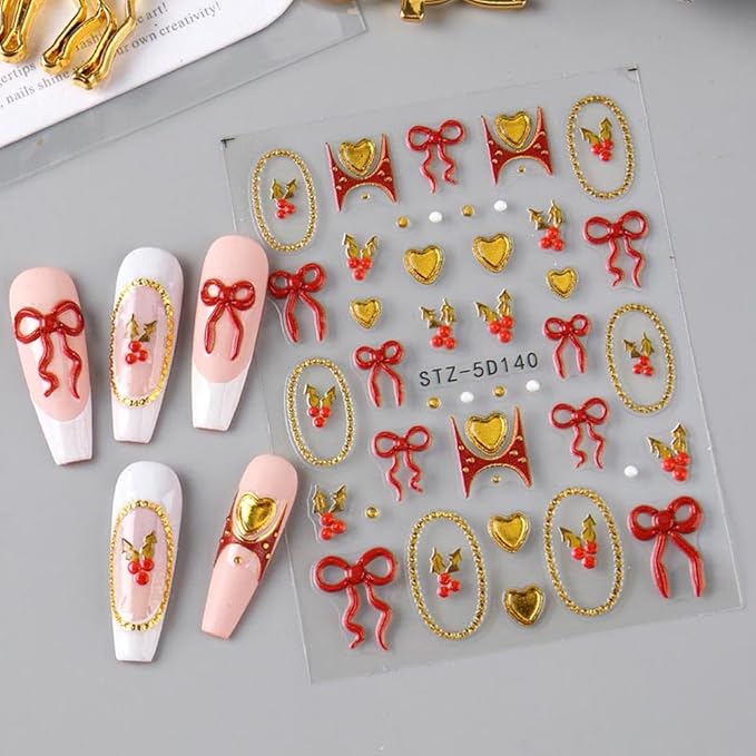 5D Embossed Nail Stickers Red Gold Bow Heart Nail Decals DIY Self Adhesive Christmas Nail Design Sticker Cute Nail Decoration Supplies Holiday Manicure Accessories for Women Girls 2Pcs