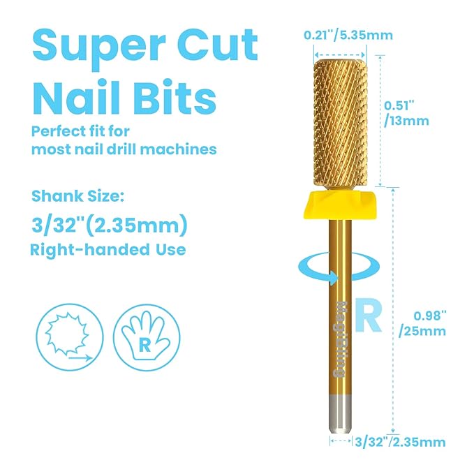 3/32'' Super Cut Nail Drill Bits for Fast Hard Gel Removal, MagiBling Tungsten Carbide Bits for Professional Users, Upward Deep Cut, Right Hand Use, Manicure Cuticle Gel Polishing, Extra Fine.