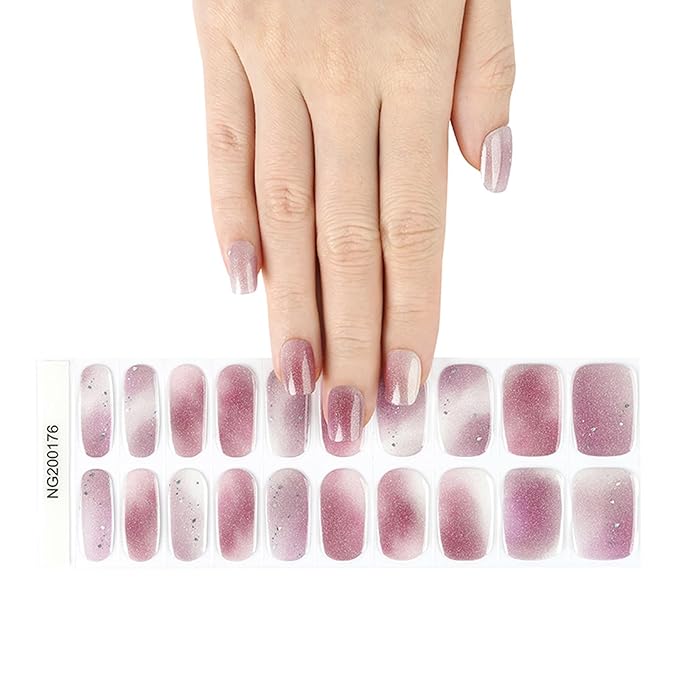 Semi Cured Gel Nail Strips, 20pcs Real Nail Polish Art Stickers, Purple Cloud Gel Nail Stickers - Work with Any UV Lamp, Long Lasting Full Wraps with Nails File and Stick
