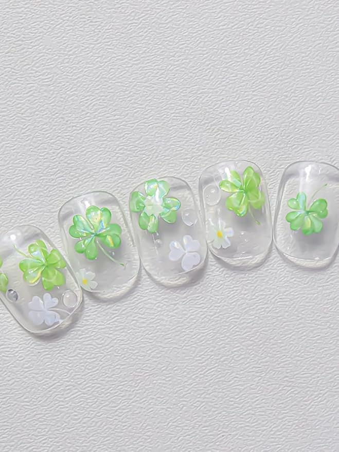 Clover Nail Stickers 5D Embossed – Premium Salon-Quality Nail Charm Accessories, Easy Application & Self-Adhesive Spring Green Lucky Four Leaf for DIY Manicure, Nail Art, Press on, Home or Salon Use