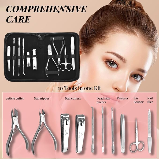 Manicure Pedicure Set - 10-in-1 Stainless Steel Grooming Kit, Personal Care Tools, Nail Nipper, Cuticle Cutter, Scissors, Tweezers, Blackhead Remover, Nail File & Case (Black)