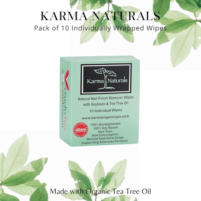 Karma Organic Natural Nail Polish Remover Wipes with Soybean and Tea Tree Oil, 100% Soy Based, Non-Toxic, Vegan, Cruelty-Free – Pack of 10