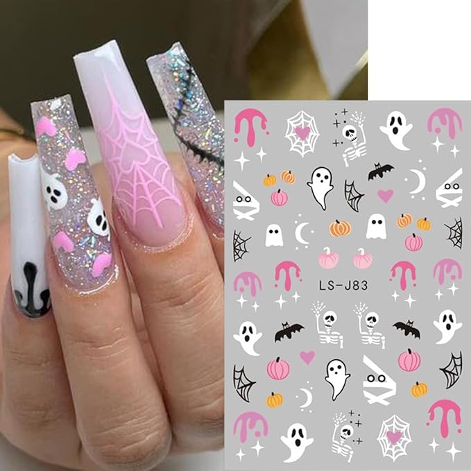 8 Sheets Halloween Cute Ghost Nail Stickers for Nail Art Self-Adhesive Decals With Spider, Bat, Pumpkin, Spider Web Designs - Manicure Holiday Decorations Charms for Women