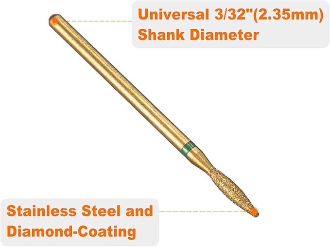HARFINGTON 8pcs 100-120 Grits Diamond Grinding Bit 2.2mm Oval Head 2.35mm Shank 9mm Length Titanium Plated Stone Sanding Drill Bits Rotary Tool for Nails Grinding Polishing