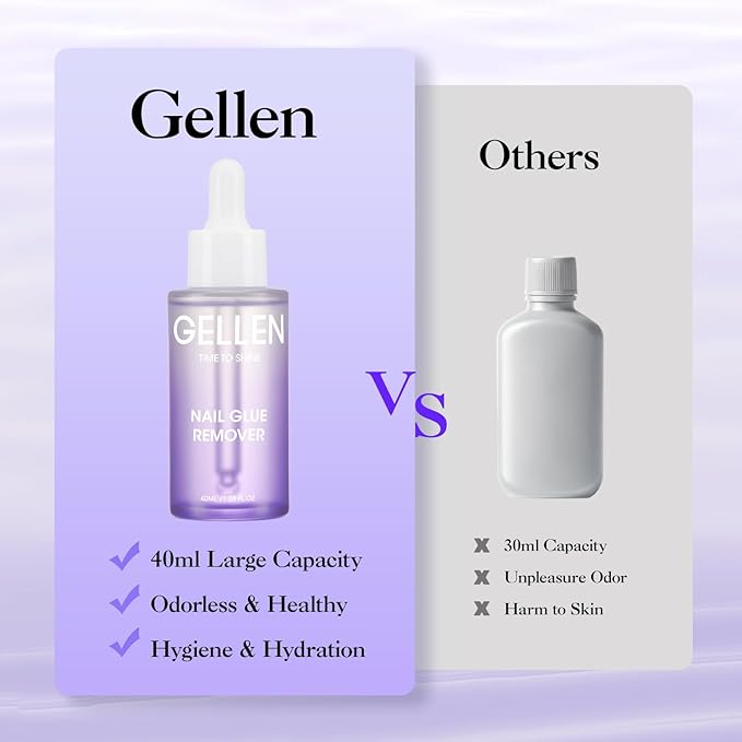 Gellen Nail Glue Remover for Press on Nails, 40ML UV Glue Remover, Non-Acetone Gentle Off for False Tips, Odorless Easy Debonder, Not for Gel Polish