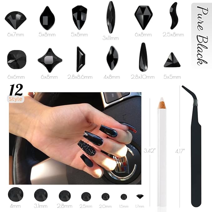 4080Pcs Black Nail Rhinestones Multi Shapes Flatback Jet Black Gems for Nails Round Beads K9 Glass Nail Crystals Stones Diamonds jewels Nail Art Supplies Charms for Nail Face Eyes Makeup Crafts