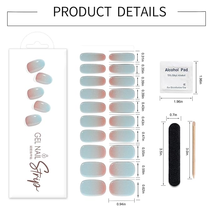 WOKOTO 1 Sheet Semi Cured Gel Nail Strips With Wood Stick, Nail File & Prepared Pads, 20 Tips Shimmery Ice Blue Ombre Semi Cured Nail Polish Strips Stickers, Harden With UV Light Gel Nail Stickers