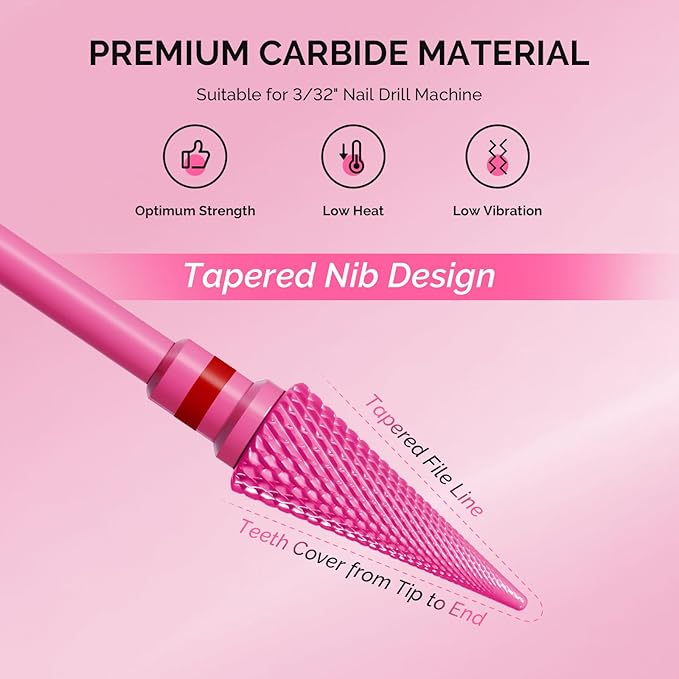 MelodySusie Professional Tapered Nib Nail Drill Bit, 3/32'' Carbide Tungsten Multi-function Bit, Suitable for Manicure Pedicure Cuticle Gel Polishing, Technicians Bit, Series Bit-M, Pink Blossom, F