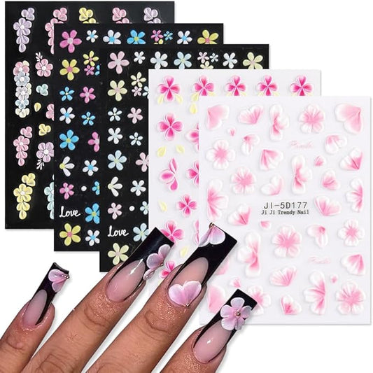 Flower Nail Art Stickers Decals 5 Sheets Pink White Colorful Summer Floral Leaf Blossom 5D Embossed Nail Decals Self-Adhesive Nails Supply Manicure Sliders for Women Girls DIY Nail Art Decorations