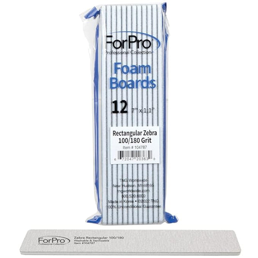ForPro Professional Collection Rectangular Foam Boards, Zebra, 100/180 Grit, Double-Sided Manicure and Pedicure Nail Files, 7” L x 1.1” W, 12-Count