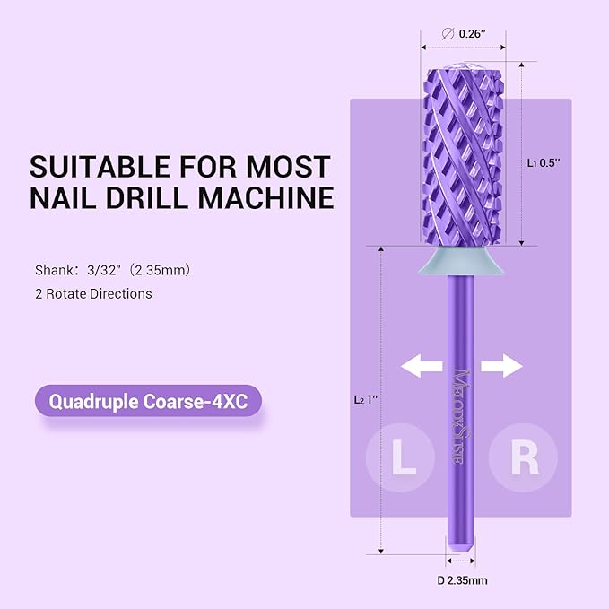 MelodySusie Large Barrel 3/32'' Tungsten Carbide Nail Drill Bit, Crystal Top Purple Heart Shape, Fast Remove Acrylic Gel, Cuticle Gel Polishing for Manicure Pedicure, Purple, Series Bit-S, 4XC