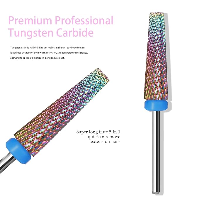 Super Long 5 in 1 Nail Drill Bits, Professional 3/32'' Carbide Tungsten Two Way Rotary Nail Cleaner Nail Bits, Suitable for Manicure Pedicure Cuticle Gel Polishing Acrylic Nails(Rainbow, Medium-M)