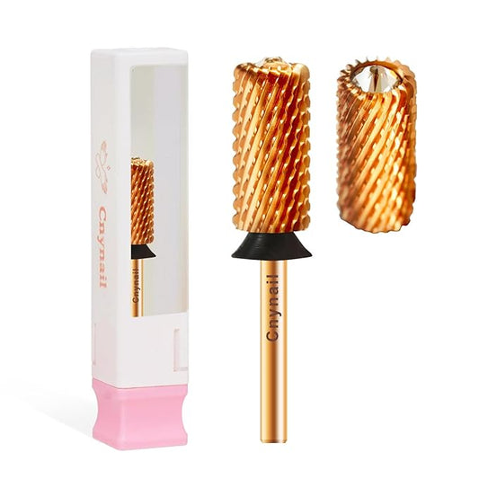 3/32" Large Barrel Crystal Top Tungsten Carbide Nail Drill Bit Safety Bit for Gel & Acrylic Removal, 2-Way Rotating Efile Tip, Salon Electric File Accessory (XC Grit, Ti-Gold)
