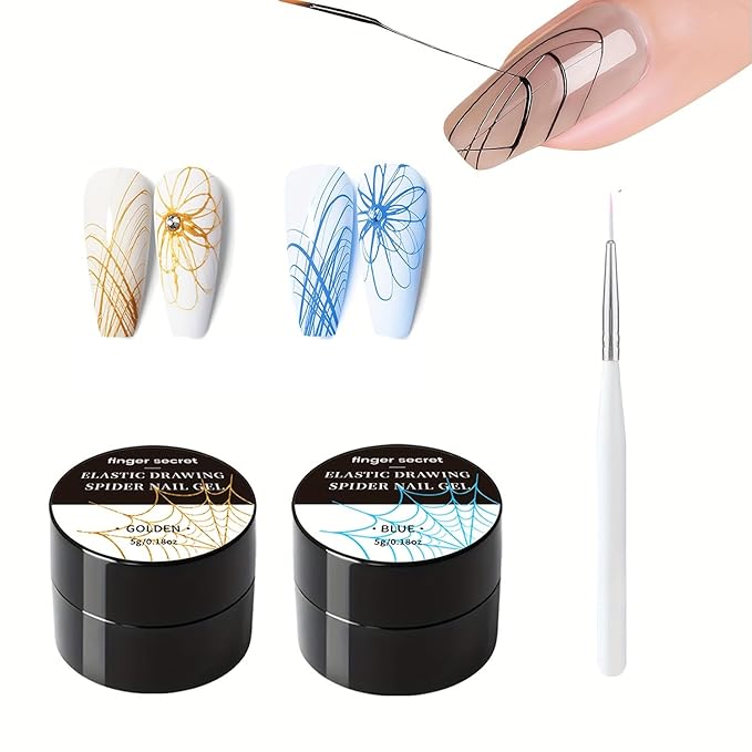 5g/0.18oz Spider Gel Kit for Nails, Spider Design for Art Wire Drawing Nail Gel for Line with Brushes for Nail Art (Gold Blue)