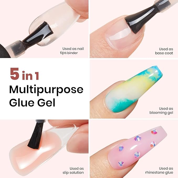 beetles Gel Polish 2 Pcs 15ml Nail Glue Kit for Acrylic Nails, 5 in 1 Super Strong Brush in Nail Gel Glue for False Nails Tips and Gel Nail Polish Led Lamp Required Nail Art Gift