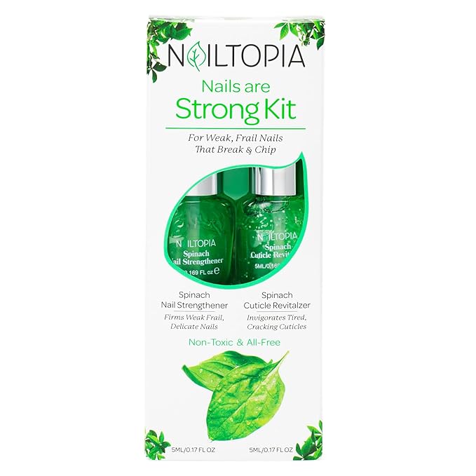 Nailtopia Nails Are Strong Kit - Spinach Nail Strengthener, Spinach Cuticle Revitalizer - Revitalizing Nail Strengthener Set for Dry, Thin Nails - Vitamin Infused, Bio Sourced, and Vegan - 2 pc