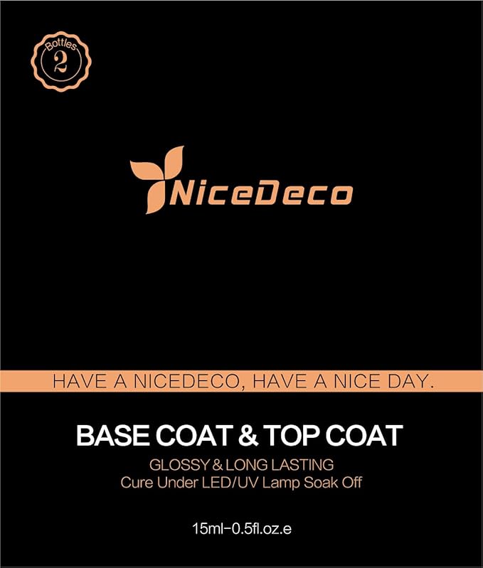 Nicedeco Hema Free No Wipe Gel Top Coat and Base Coat Set 2 Pcs 15ml Low Odor Cruelty Free Vegan Gel Nail Polish Glossy Shine Long Lasting Gel Base Top Coat