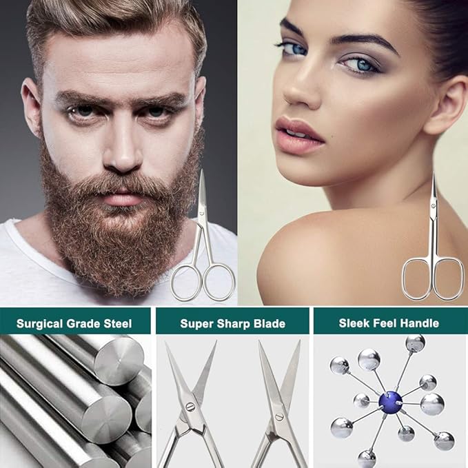 BEZOX Small Scissors 2 PCS Set - Nail Cuticle Scissors/Manicure Scissors Kit - Straight and Curved Blade Beauty Scissor for Beard/Mustache, Nose Hair, Ear Hair, Eyelashes and Eyebrow Trimming