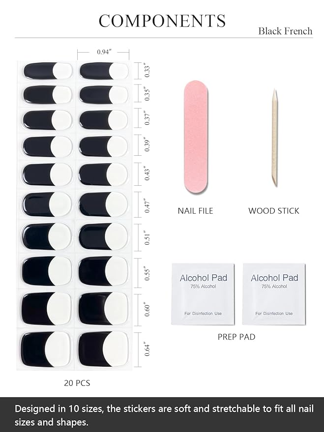 Semi Cured Gel Nail Strips (Black French), 20 Pcs Gel Nail Wraps, Stickers, UV Light Required, Salon Quality, Long Lasting