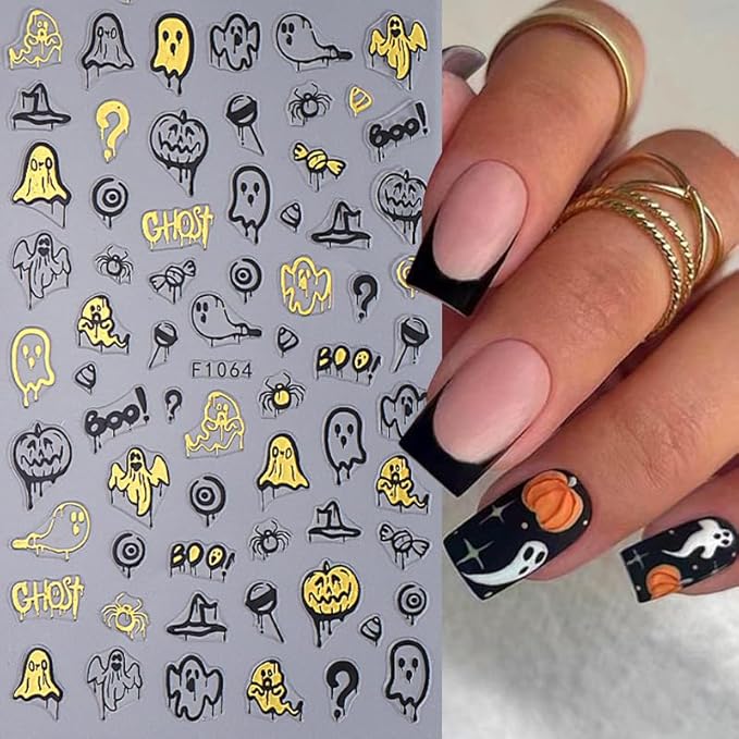 6 Sheets Halloween Nail Stickers for Nail Art, 3D Self-Adhesive Pumpkin Ghost Spider Web Nail Decals, Cute Bat Nail Supplies Nail Art Design Accessories for Women and Girls Manicure DIY Decoration