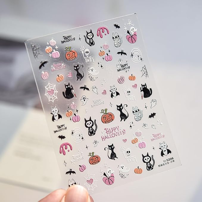 Halloween Nail Stickers for Nail Art 5D Embossed Halloween Ghost Nail Art Stickers Gothic Nails Designs Spider Web Pumpkin Bloody Cat Nails Supplies for Women Holiday DIY Manicure Decorations