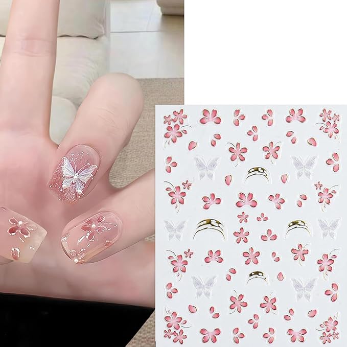 4 Sheets Pink Flower Nail Stickers for Nail Art Cherry Blossom Petals Nail Art Stickers Golden French Tip with Pink Floral Blossom Design Spring Summer Nail Decals Nail Supplies for Acrylic Manicure