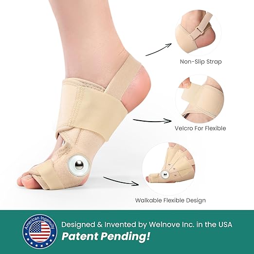 Welnove Bunion Corrector - Orthopedic Bunion Splint - Big Toe Separator Pain Relief - Bunion Correction Toe Straightener with Non-slip Strap, Day Night Support (Beige, 2 Count) - With 2 Gel Separators