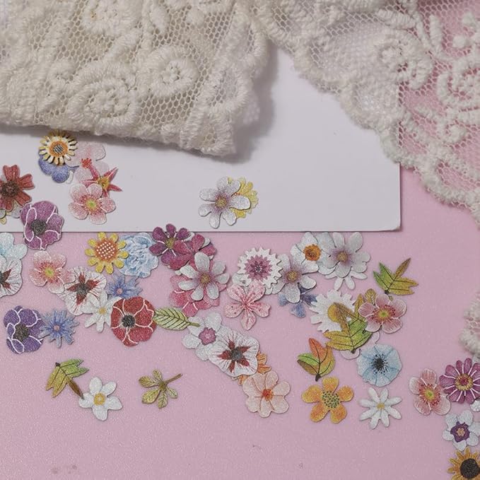 300pcs 3D Flower Nail Art Sequins Decals Colorful Mixed Flowers Leaves Design Slice Nail Flowers Ultra Wood Pulp Flakes Sequins 3