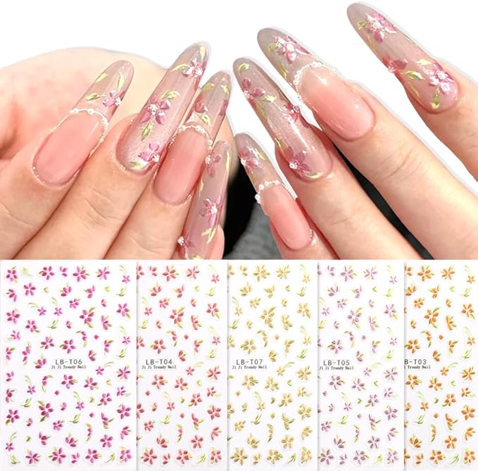 5 Sheets Bronzing Flower Nail Art Stickers Decals, Metallic Floral Leaf Plant 5D Embossed Nail Decals Self-Adhesive Nail Supplies Nail Art Design Decoration Accessories for Women and Girls