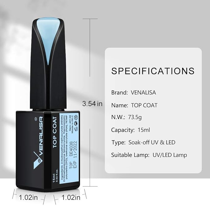 VENALISA 15ML No Wipe Tempered Top Coat - Scratch Resistant High Gloss Soak Off Gel Nail Polish Finish Long Lasting Set Gel Nail Kit
