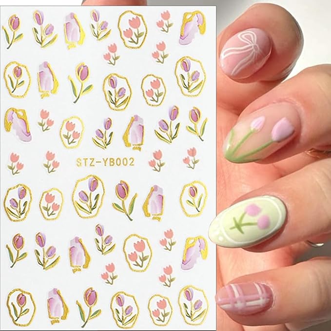 6Sheets Spring French Nail Stickers 3D Self Adhesive Flower Nail Decals Elegant Tulip Flower Bow Nails Art Stickers Blue Hibiscus Floral Nails Art Design Supplies for Women Girls DIY French Manicure