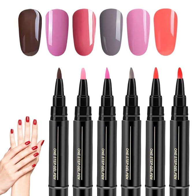 6 Colors Nail Art Pens Set, 3 in 1 Nail Polish Pens Quick Dry, One Step Nail polish Gel Pen, Salon Quality Nail Art Pen for Women (B)