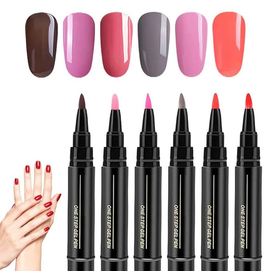 6 Colors Nail Art Pens Set, 3 in 1 Nail Polish Pens Quick Dry, One Step Nail polish Gel Pen, Salon Quality Nail Art Pen for Women (B)
