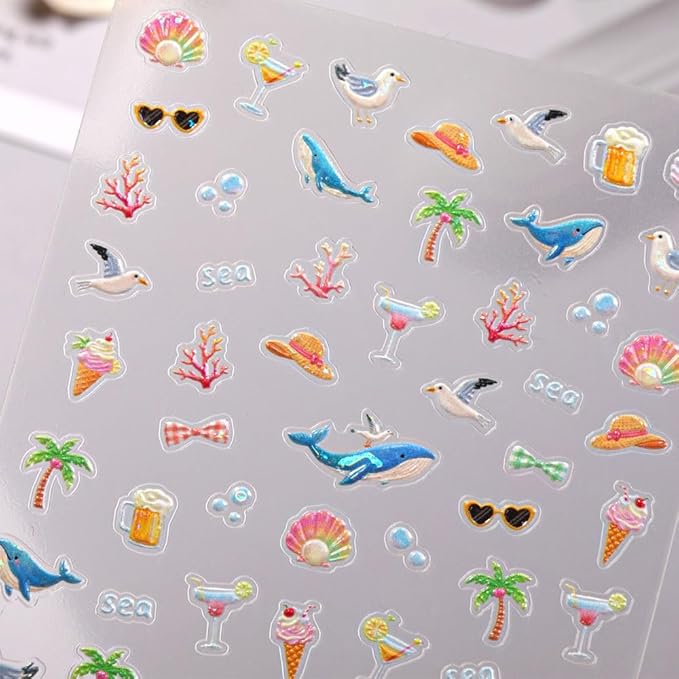 Summer Beach Theme 3D Nail Art Stickers, 2 Sheets, Self-Adhesive Embossed Ocean Designs with Fish, Coral, Seaweed, Palm Trees for Nail Decoration, Vacation Manicure